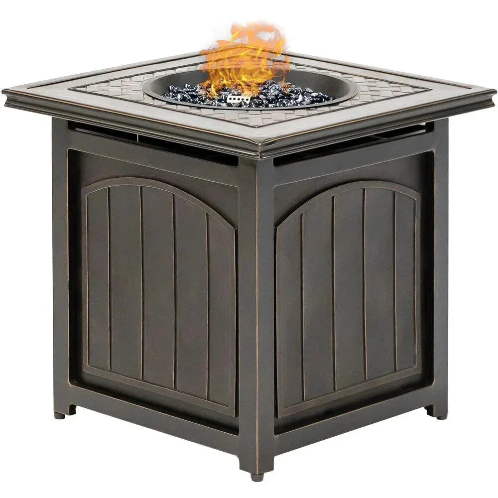 2025 5-piece steel patio fire pit seating set with navy blue cushions, swivel gliders and square fire pit table