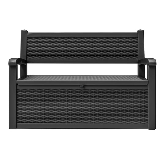 70-Gallon Outdoor Resin Storage Cabinet with Rattan Backrest �C Waterproof Patio Bench Seat, 500 lbs Capacity, Black