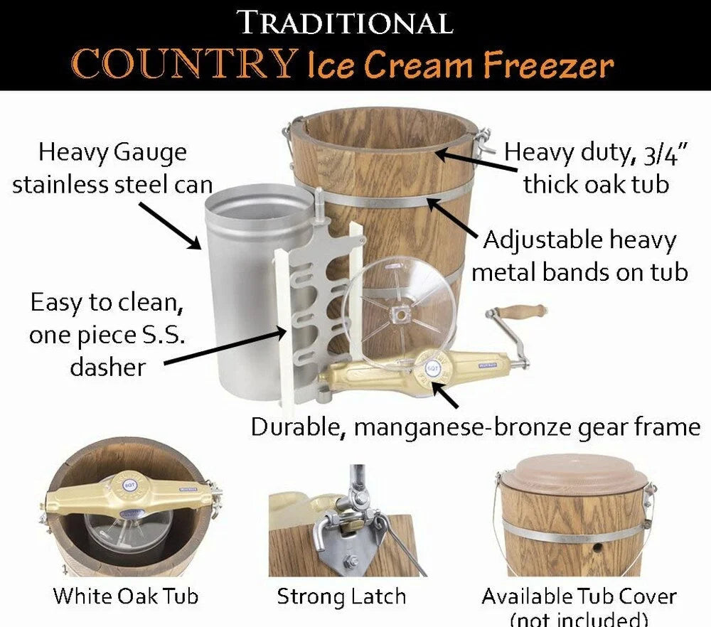 6 qt Country Ice Cream Maker – Classic Wooden Tub – Hand Crank
