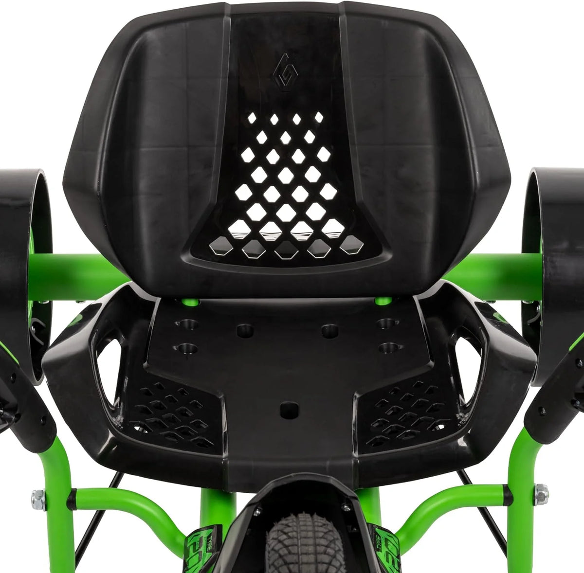 20-inch drift tricycle, with smooth lines and comfortable design, adjustable seat, sturdy steel frame, easy to operate, suitable for children over 8 years old, equipped with LED lighting and foot brakes, available in green and black colors.