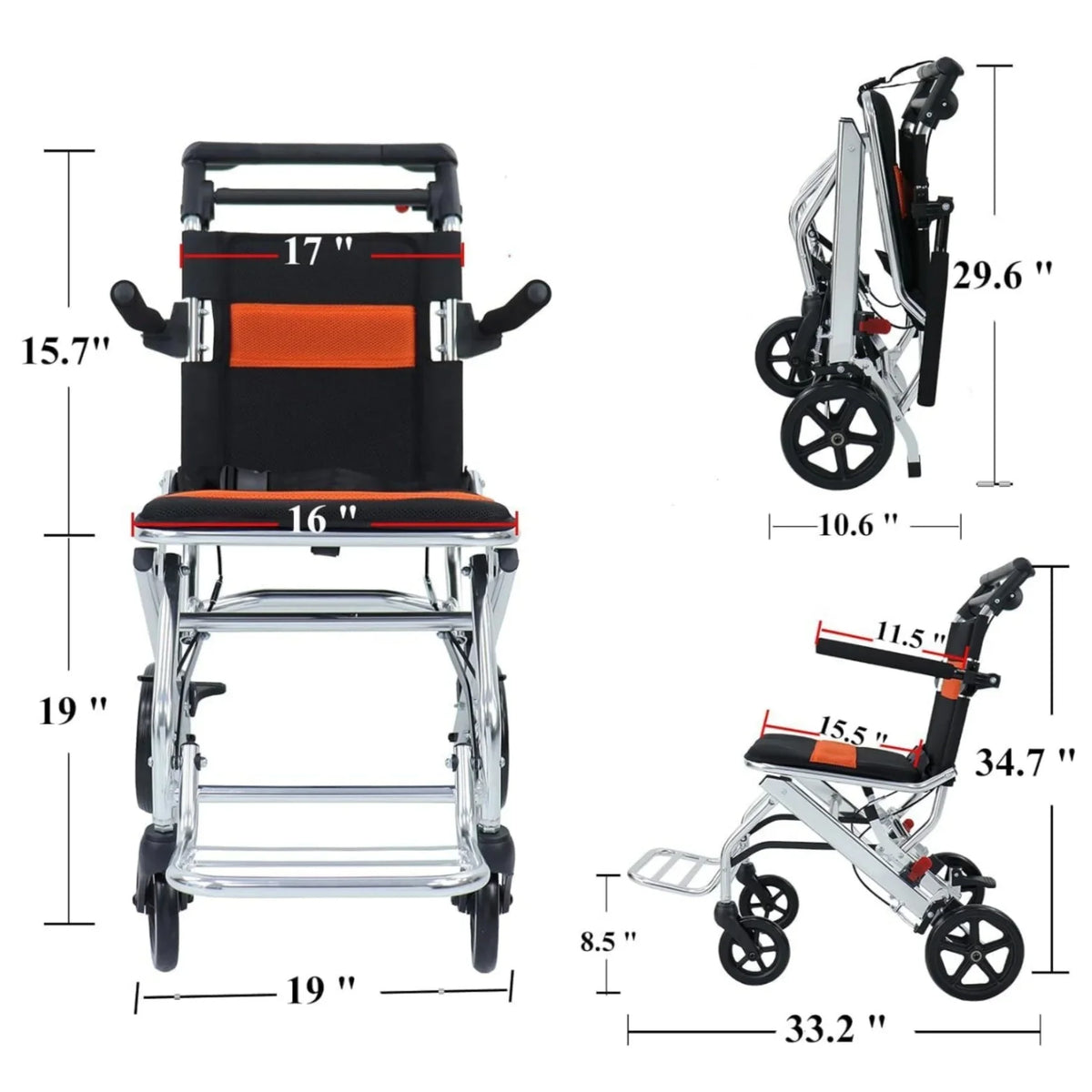 Ultra-Light Portable Folding Wheelchair, Travel-Friendly with Handbrake, 220 lbs Capacity, Ideal for Elderly & Children, 34.232.6 Unfolded Dimensions