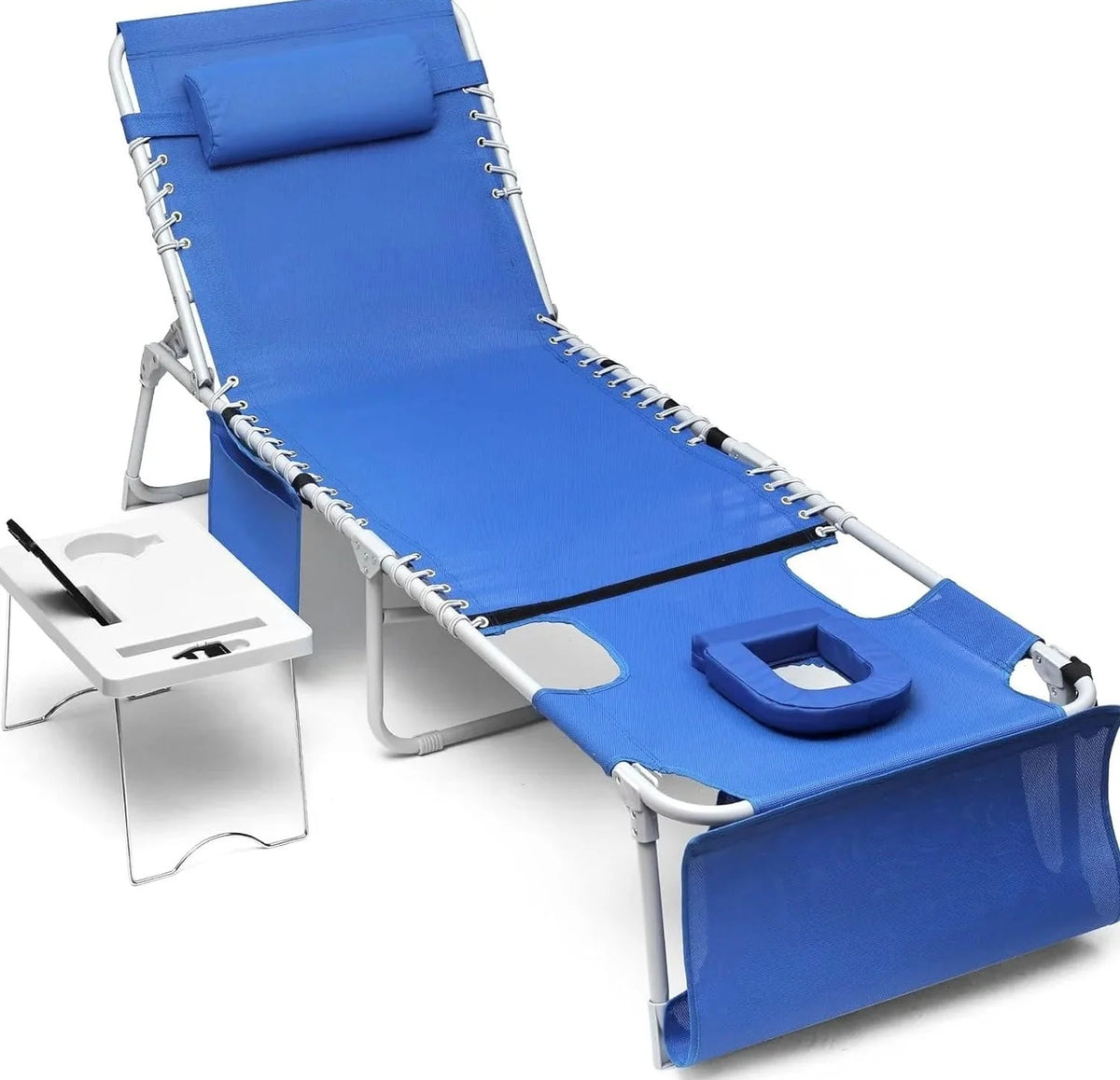 3-in-1 Outdoor Sun Tanning Lounge Chair with Face Hole 5-Position Recliner, Folding Side Table & Removable Pillow, 330lbs Capacity, Blue