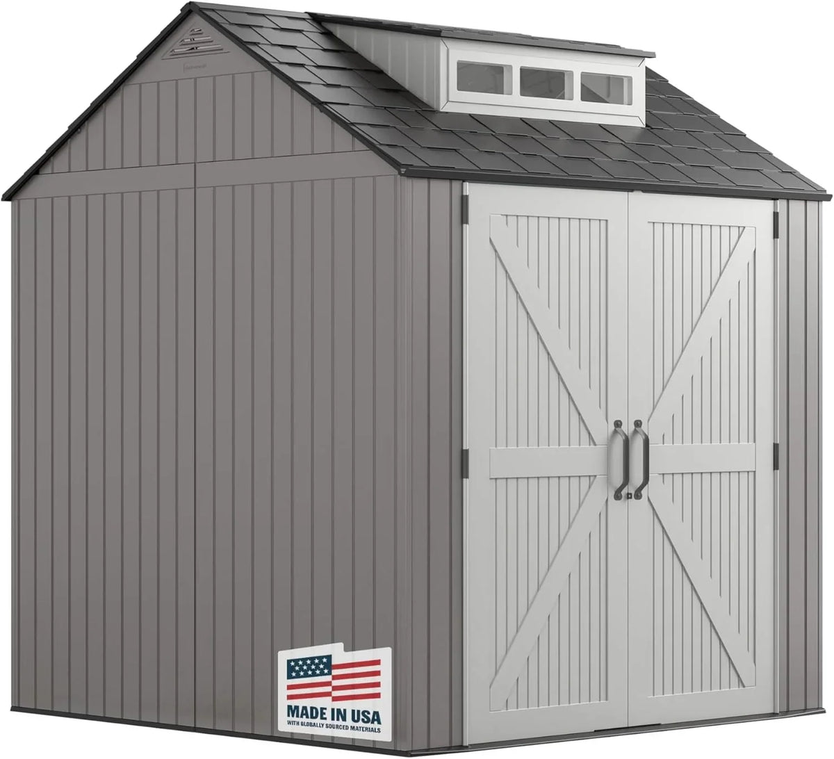 Rubbermaid resin garden shed with floor (2.13 x 2.13 m), weatherproof, grey, for storing garden tools, lawnmowers, bicycles and pool accessories