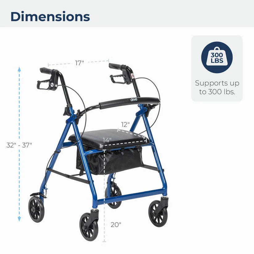 Drive Medical 4-Wheel Rollator Walker, Foldable, Padded Seat & Backrest, 6-Inch Wheels, Blue