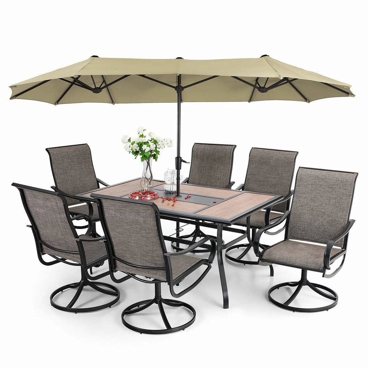 8 Pieces Patio Dining Set with Umbrella,Outdoor Furniture Set with 6 Sling Dining Swivel Chairs