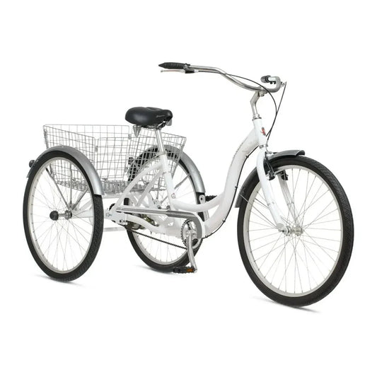 2025 Schwinn Meridian Adult Tricycle, Men's and Women's Beach Cruiser, 26-inch Wheels, Low Step-Through, Wide Saddle, Folding Rear Basket.
