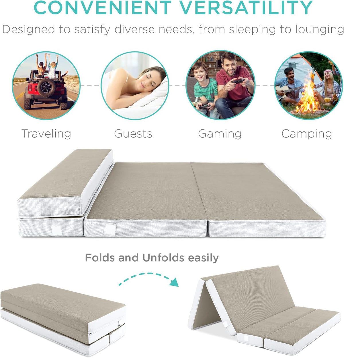 Best Choice Products 4in Portable Queen-Size Mattress, Tri-Fold Mattress for Camping, Guest, Toddler, Foam Plush w/Carry Case - Grey