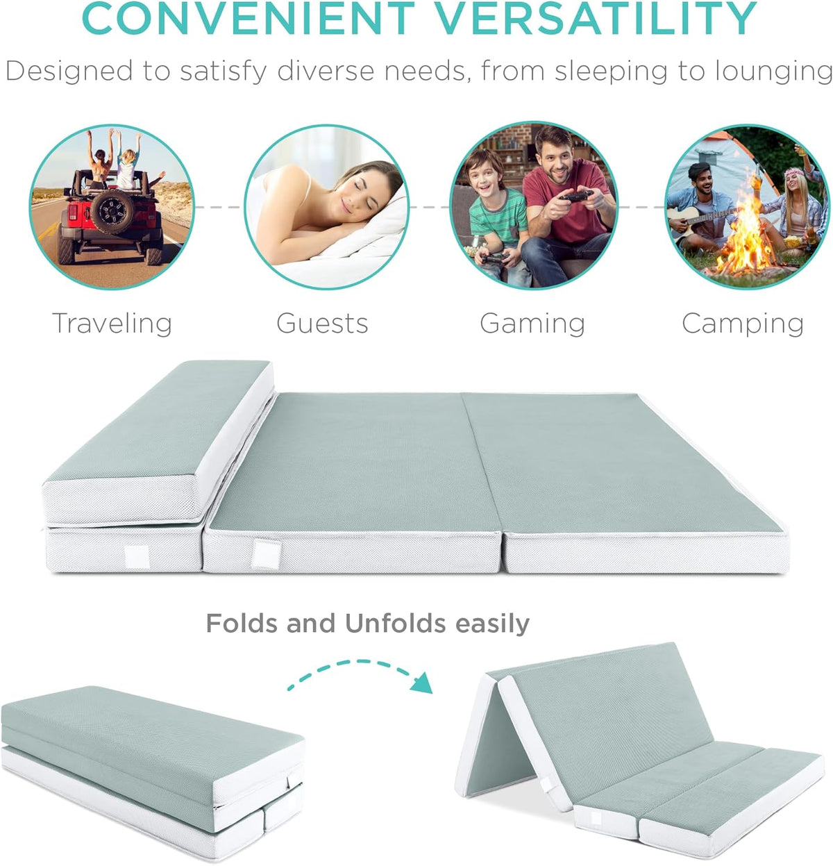 Best Choice Products 4in Portable Queen-Size Mattress, Tri-Fold Mattress for Camping, Guest, Toddler, Foam Plush w/Carry Case - Grey
