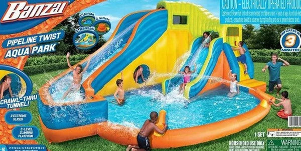 BANZAI Pipeline Twist Kids Inflatable Outdoor Backyard Water Pool Aqua Splash Park and Slides