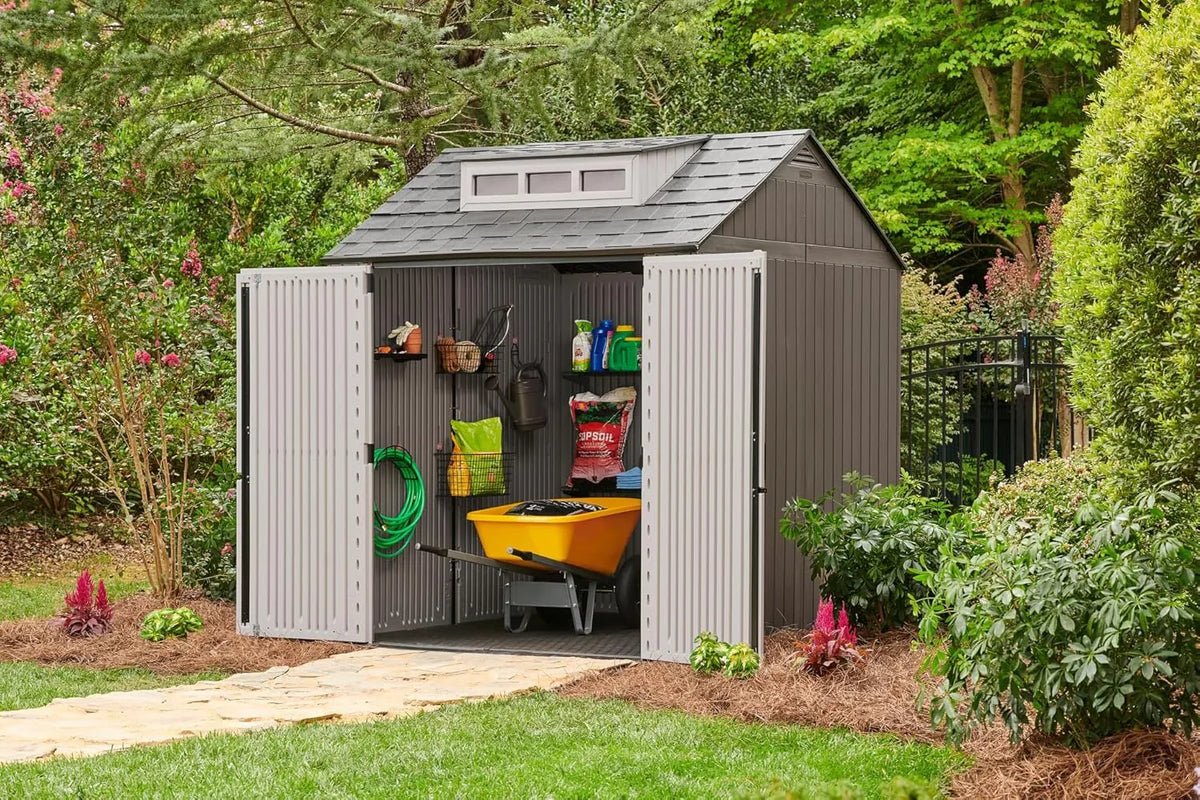Rubbermaid resin garden shed with floor (2.13 x 2.13 m), weatherproof, grey, for storing garden tools, lawnmowers, bicycles and pool accessories