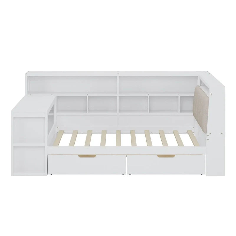 L-shaped Wooden Sofa Daybed with Desk, Bookcase Cabinet, Corner Bed with Under-bed Drawers, Upholstered Headboard Built-in Light