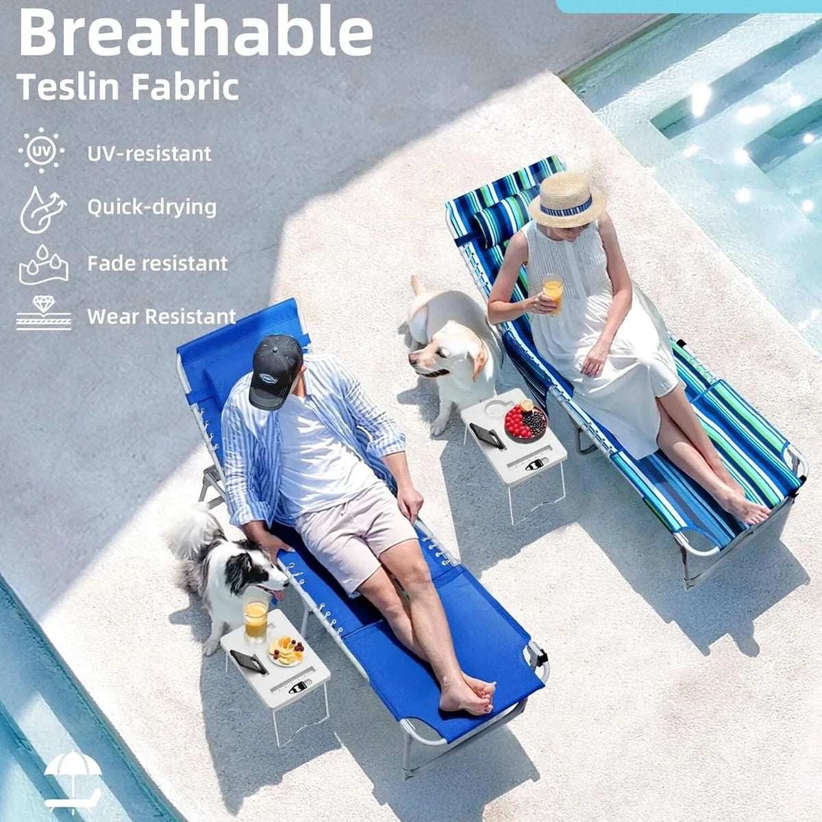 3-in-1 Outdoor Sun Tanning Lounge Chair with Face Hole 5-Position Recliner, Folding Side Table &amp; Removable Pillow, 330lbs Capacity, Blue