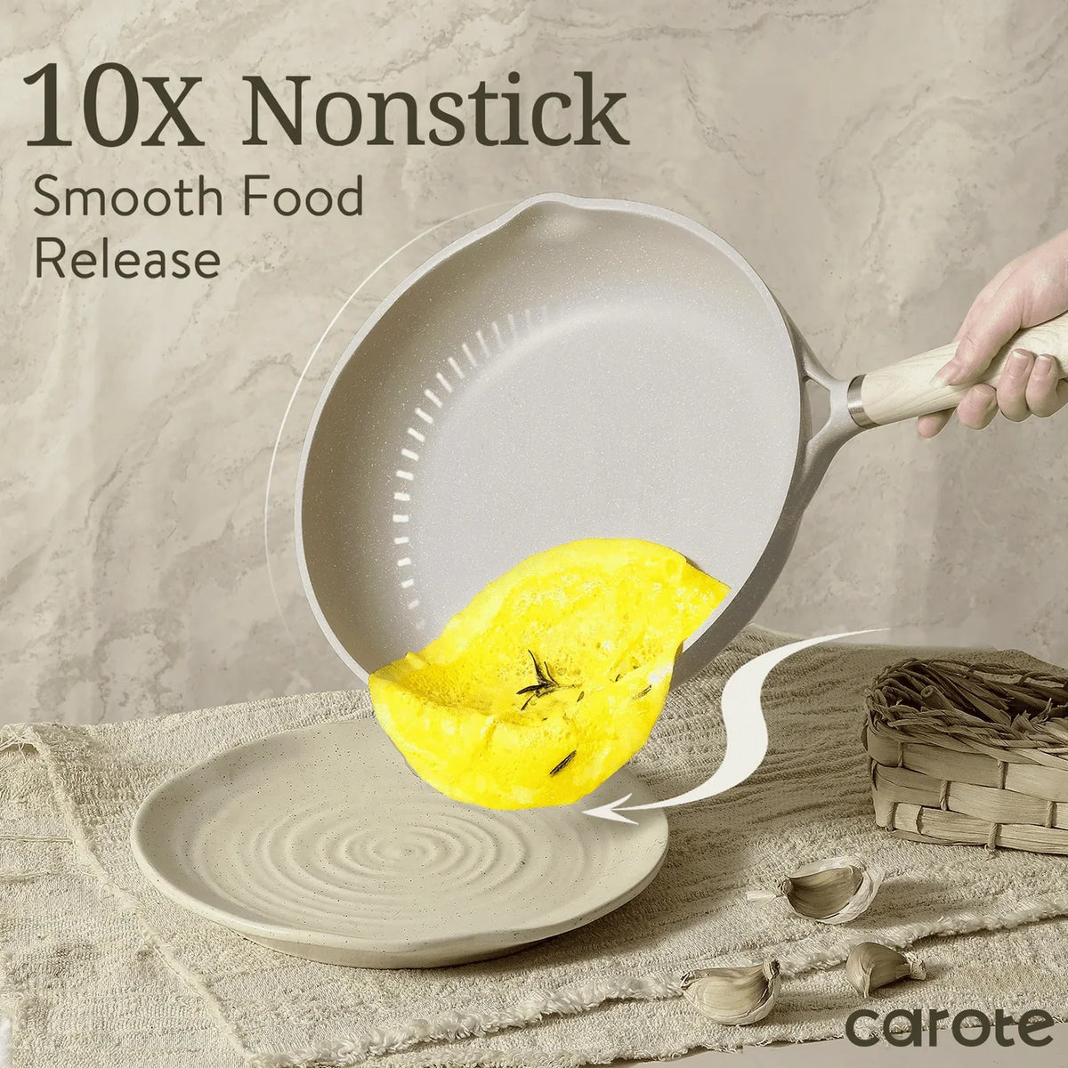 Carote 21-Piece Nonstick Cookware Set, Eco-Friendly Granite, Induction Compatible, Beige