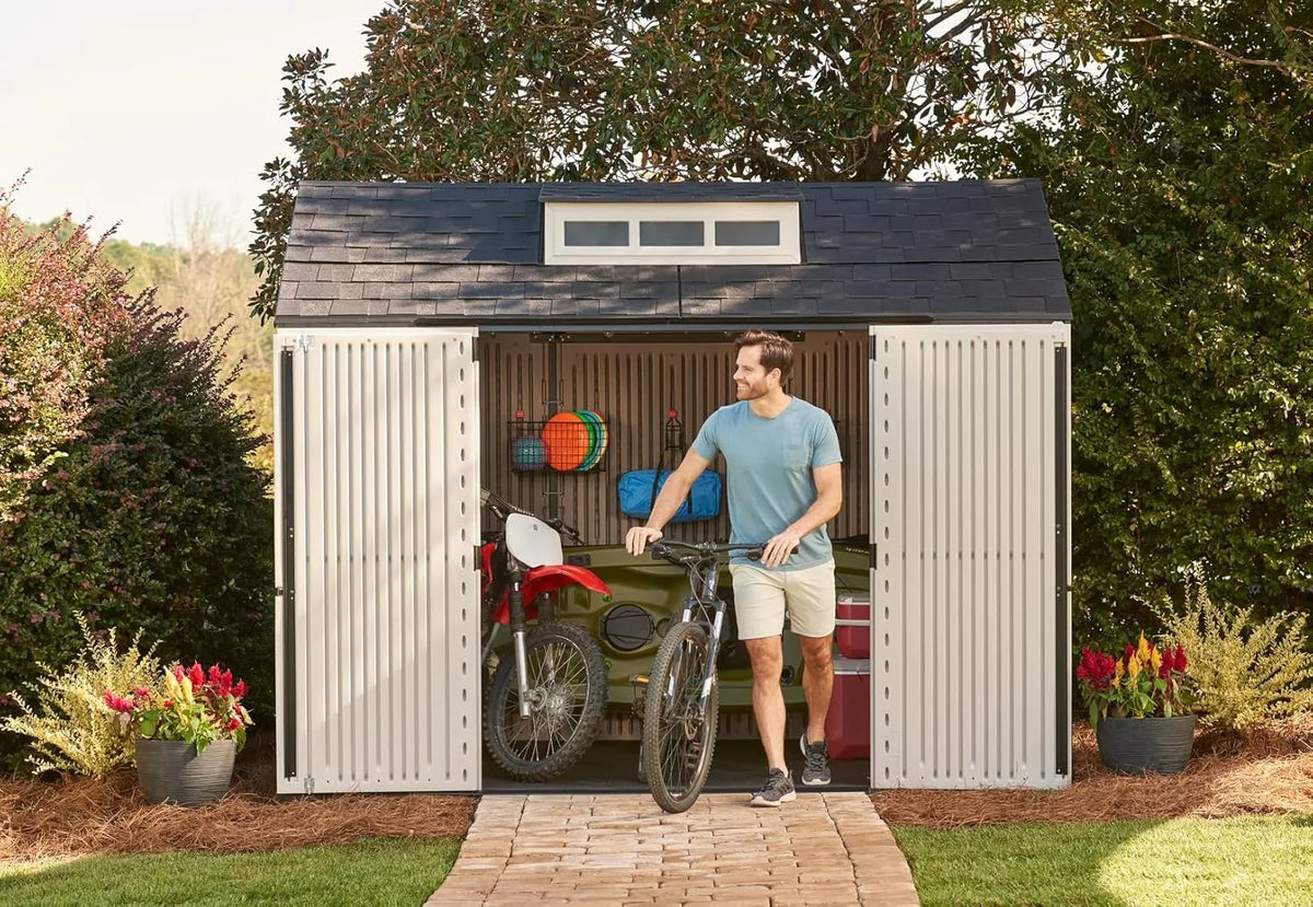 Rubbermaid resin garden shed with floor (2.13 x 2.13 m), weatherproof, grey, for storing garden tools, lawnmowers, bicycles and pool accessories