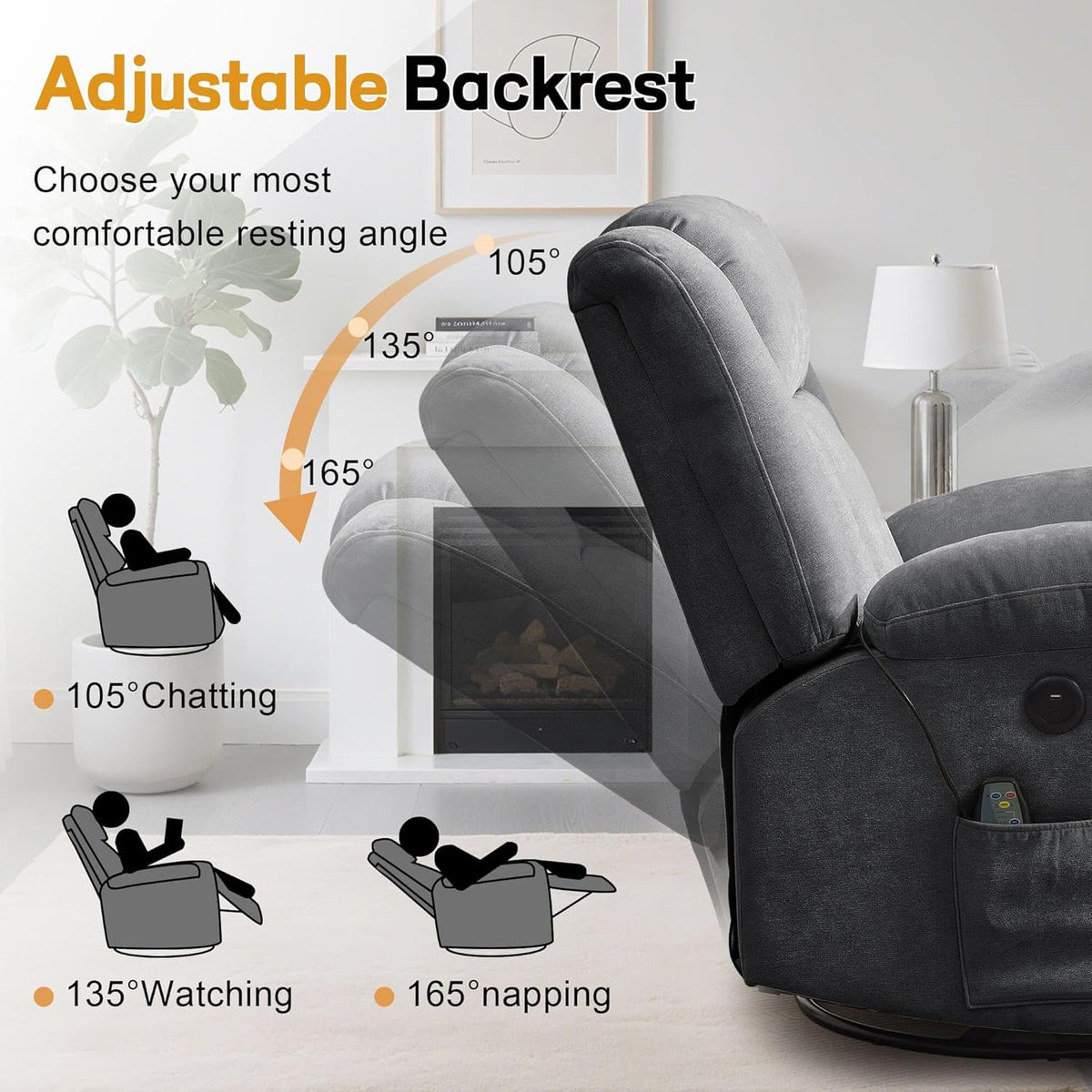 Rocker Recliner, Glider Recliner Chairs for Adults, 360° Swivel Rocking Chair with Massage and Heating, Nursery Chair with Storage and USB Charging for Living Room, Bedroom, Nursery