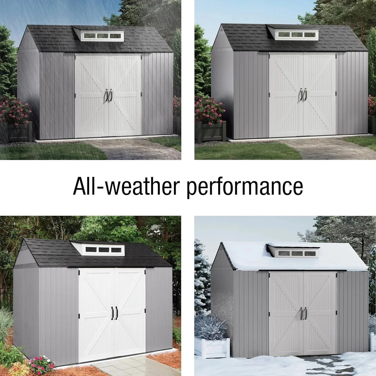 Rubbermaid resin garden shed with floor (2.13 x 2.13 m), weatherproof, grey, for storing garden tools, lawnmowers, bicycles and pool accessories