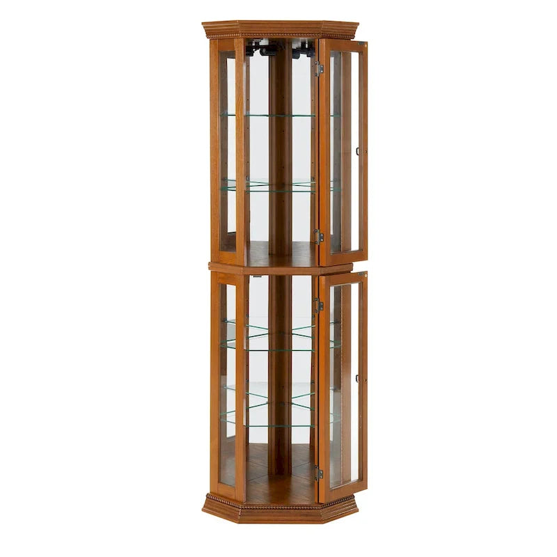 Corner Curio Cabinet with Lights, Adjustable Tempered Glass Shelves, Mirrored Back, Display Cabinet