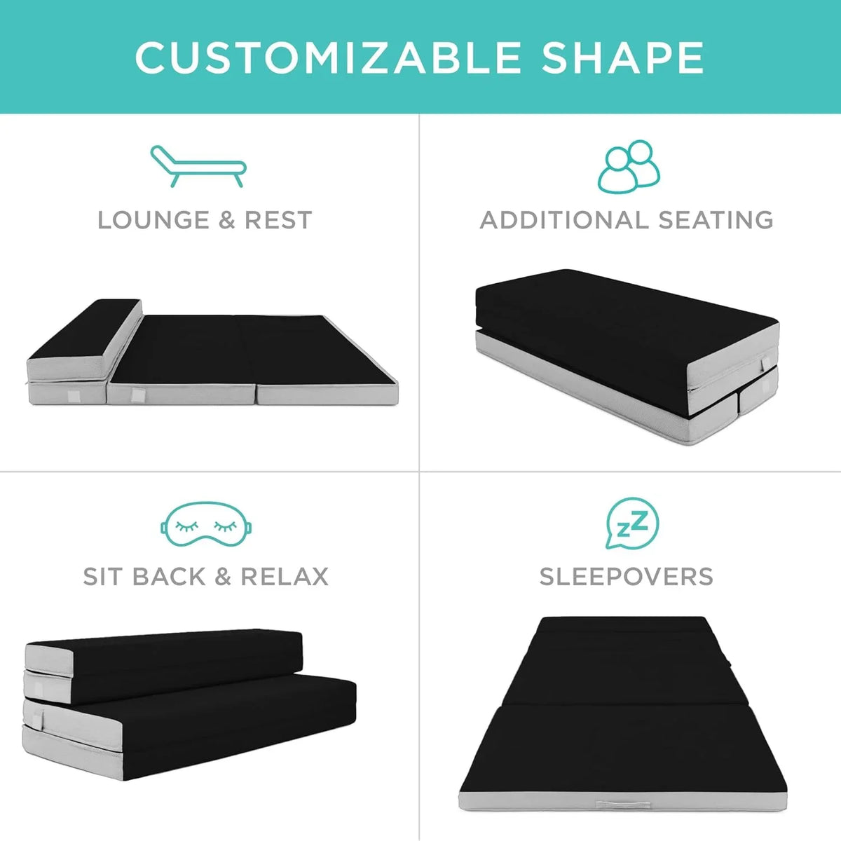 Best Choice Products 4in Portable Queen-Size Mattress, Tri-Fold Mattress for Camping, Guest, Toddler, Foam Plush w/Carry Case - Grey