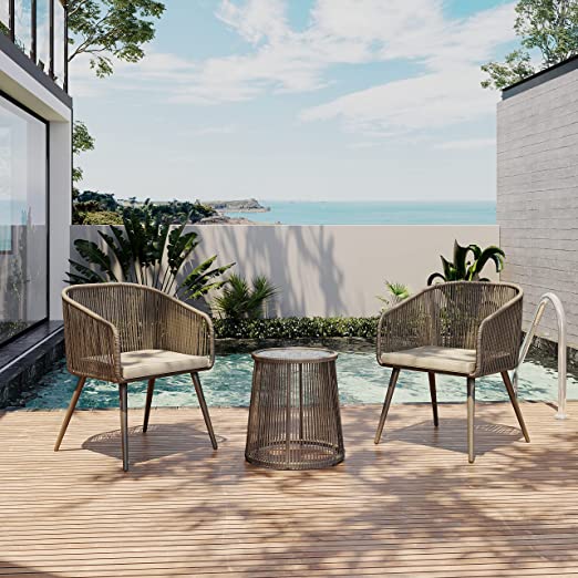 Patio Furniture Set 3-Piece Outside Bistro Set Handwoven Rattan Wicker Chairs with Waterproof Cushions Tempered Glass Table Outdoor Conversation Set for Porch Brown & Light Grey