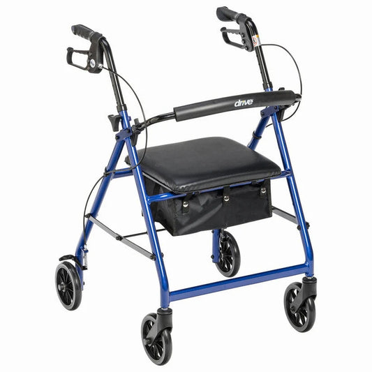 Drive Medical 4-Wheel Rollator Walker, Foldable, Padded Seat &amp; Backrest, 6-Inch Wheels, Blue