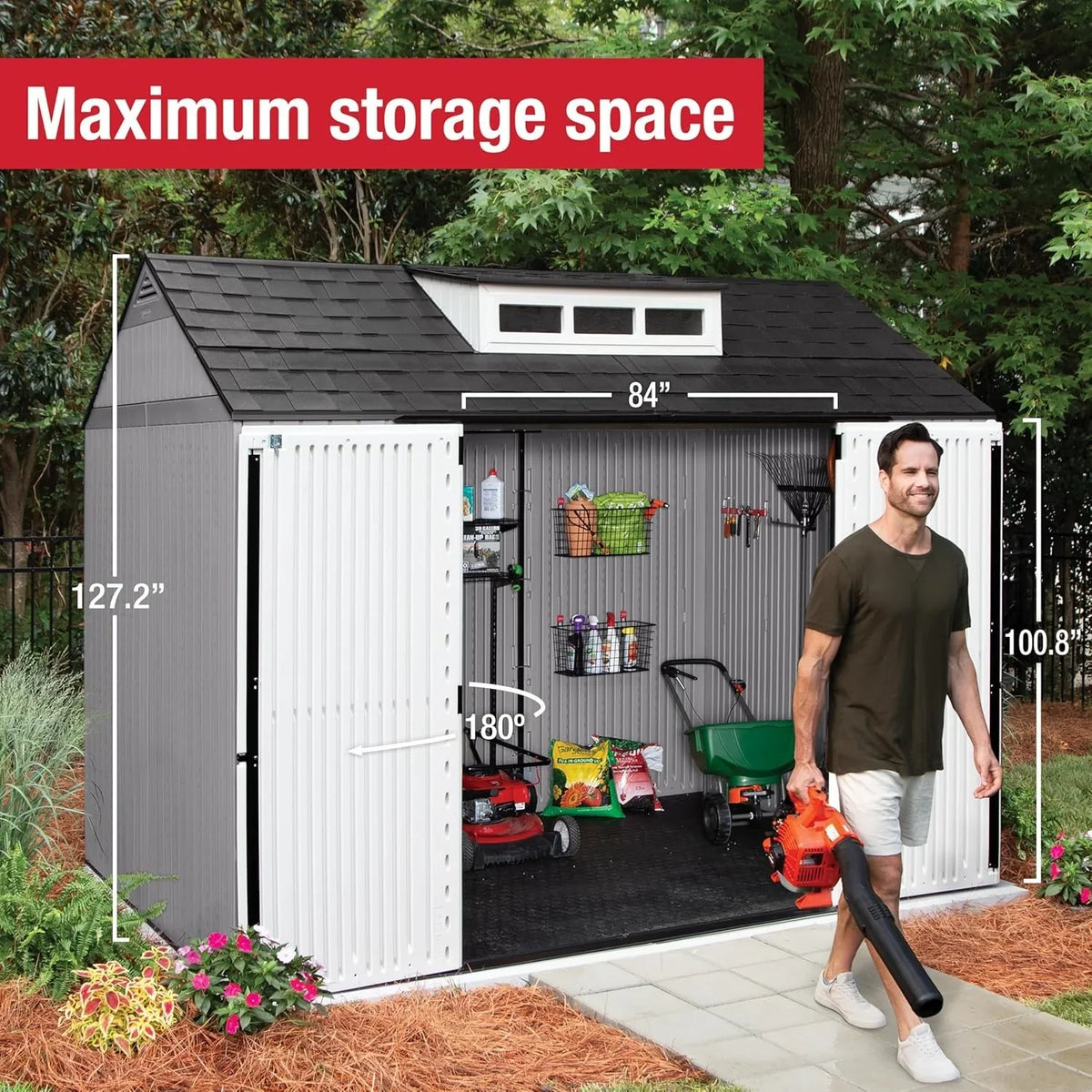 Rubbermaid resin garden shed with floor (2.13 x 2.13 m), weatherproof, grey, for storing garden tools, lawnmowers, bicycles and pool accessories