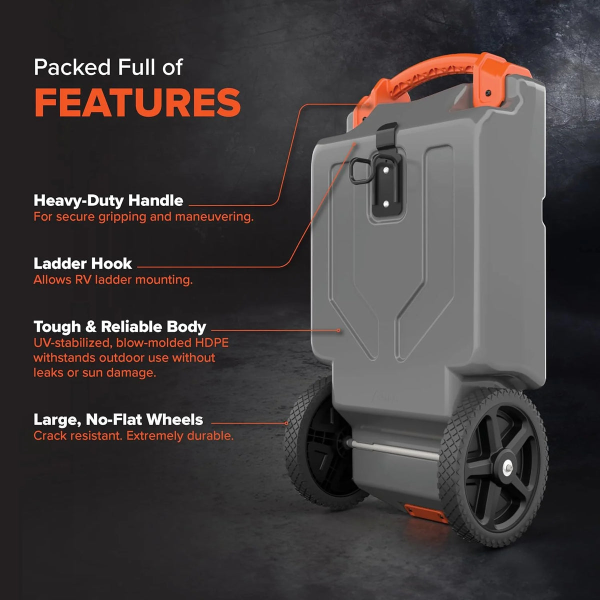 36-Gallon Portable Camper / RV Tote Tank - Features Large Heavy-Duty No-Flat Wheels & Built-In Gate Valve - Removable Steel Tow Adapter, 3 ?RV Sewer Hose & More RV Accessories (39006)