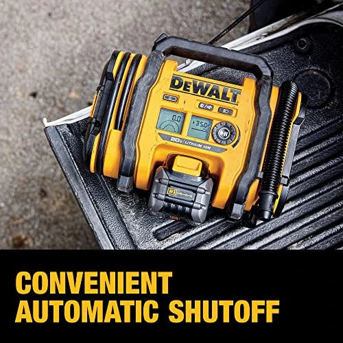 DEWALT 20V MAX tire inflator, compact and portable, automatic shut-off, LED light