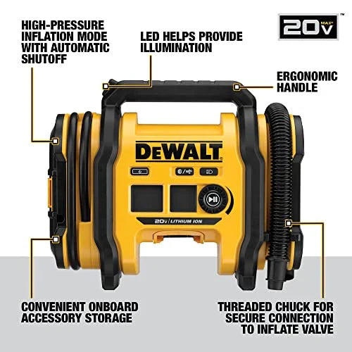 DEWALT 20V MAX tire inflator, compact and portable, automatic shut-off, LED light