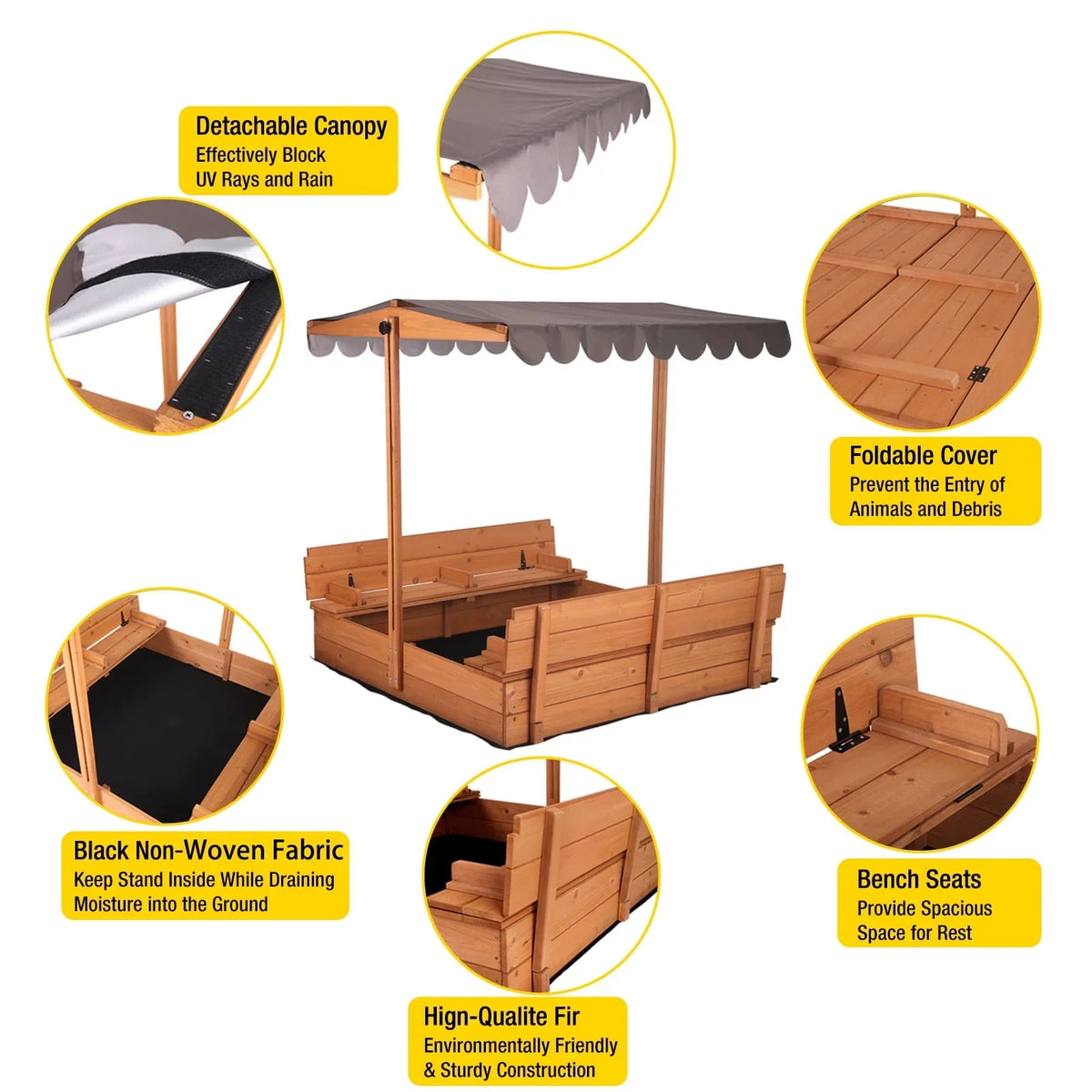 Morgete 47'' Outdoor Sandbox for Kids with Lid and Bench, Wooden Sand Play Toys Center