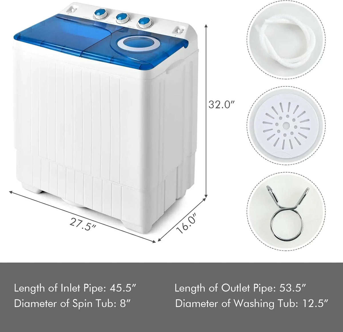 COSTWAY Double Tub 26 lb Capacity Laundry 18 lb 8 lb Spin Combo Drain Pump Washing Machine