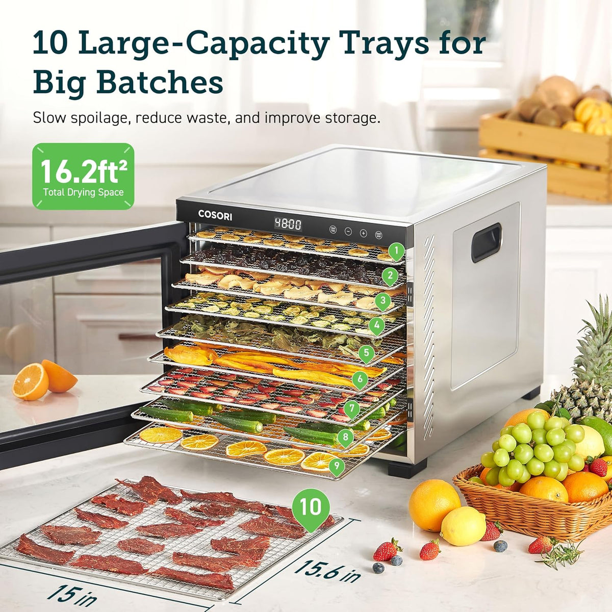 COSORI Food Dehydrator Bigger Than 7 Trays With Large 6.5" Drying Space 600W Power