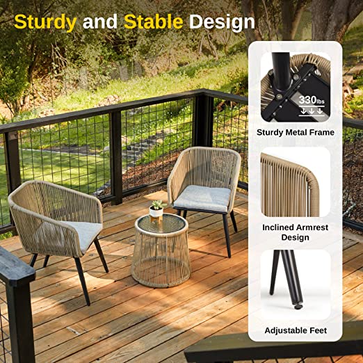 Patio Furniture Set 3-Piece Outside Bistro Set Handwoven Rattan Wicker Chairs with Waterproof Cushions Tempered Glass Table Outdoor Conversation Set for Porch Brown & Light Grey
