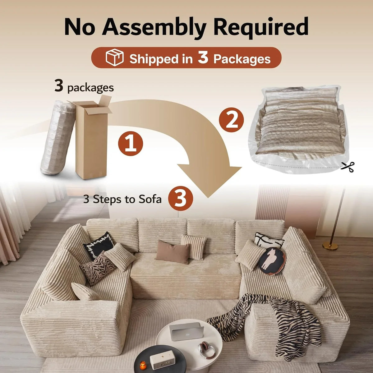 ovios 104" Cloud Sectional Couch with L-Shape Chaise,Modern Modular Sofa with Deep Seat, Upholstered Couches for Living Room Bedroom,No Assembly Required, Grey (Plush Corduroy Fabric)