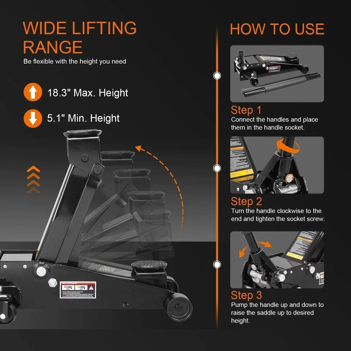 3 Ton Floor Jack Hydraulic Heavy Duty Steel Car Jack with Quick Lift Dual Pump,Black,W8303-B