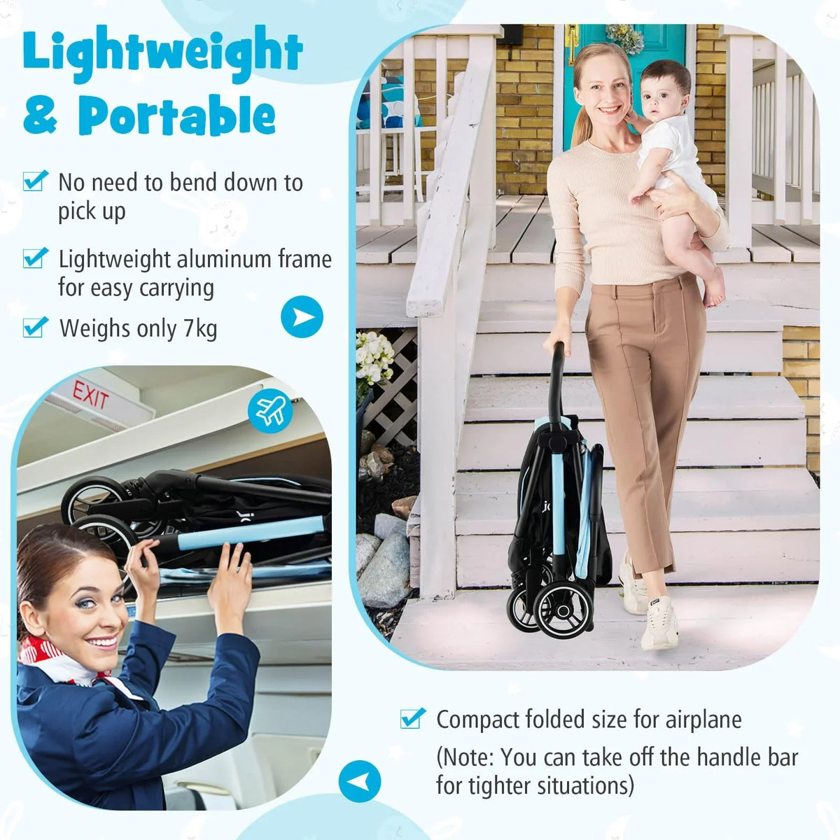 Compact Travel Stroller for Airplane Infant Toddler Stroller w/Adjustable Backrest & Canopy
