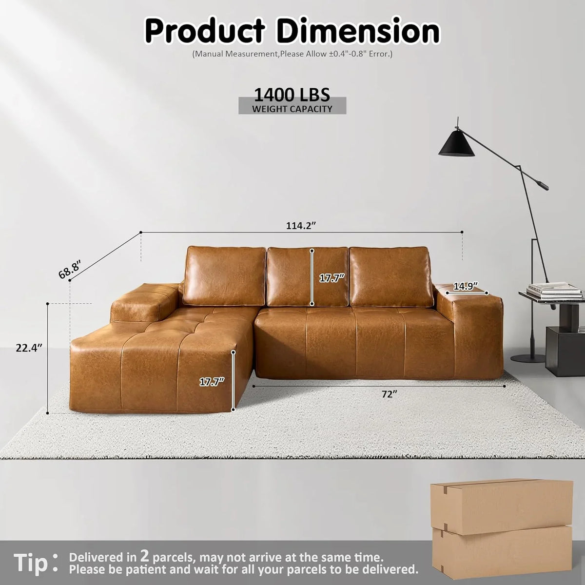 ovios 104" Cloud Sectional Couch with L-Shape Chaise,Modern Modular Sofa with Deep Seat, Upholstered Couches for Living Room Bedroom,No Assembly Required, Grey (Plush Corduroy Fabric)