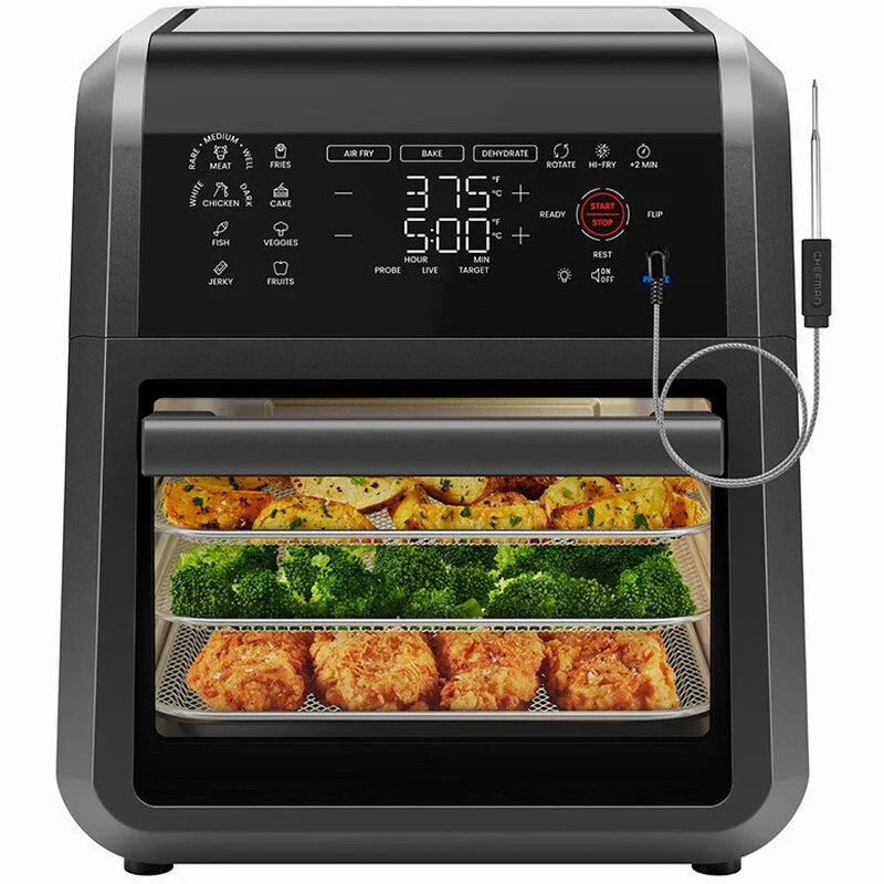 12 Quart 5-in-1 Air Fryer with Integrated Smart Thermometer, 28 Presets - Black