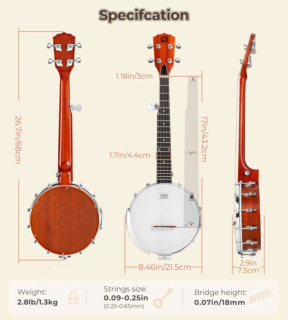 String Banjo 26 Inch MINI Travel Banjo Banjo Beginner Kit with Remo Head Open Back & Closed Solid Back with beginner Kit Comfortable Carrying Bag