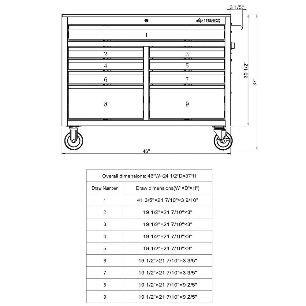 Mobile workbench with 9 drawers, hardwood top and power connection, 117 cm W x 62 cm D C high-gloss black
