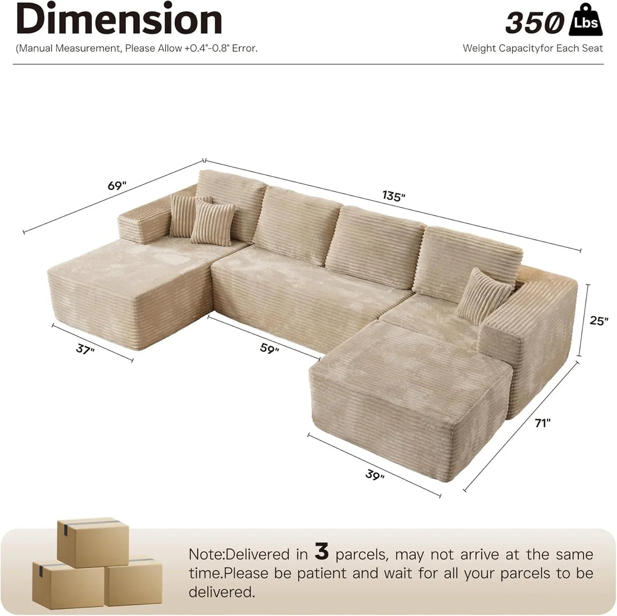 ovios 104" Cloud Sectional Couch with L-Shape Chaise,Modern Modular Sofa with Deep Seat, Upholstered Couches for Living Room Bedroom,No Assembly Required, Grey (Plush Corduroy Fabric)