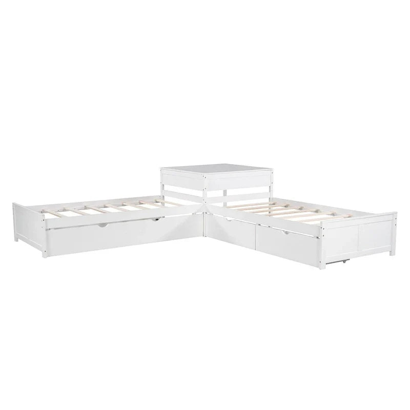 White Modern Twin Size L-shaped Platform Bed with Trundle and Drawers for Bedroom