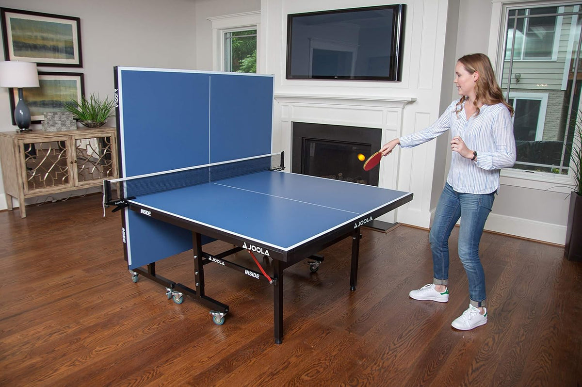 JOOLA Inside Professional MDF Indoor Ping Pong Table with Quick Clamp Table Tennis Net and Post Set - 10 Minute Easy Assembly - Tournament Quality - Foldable with Single Player Playback Mode