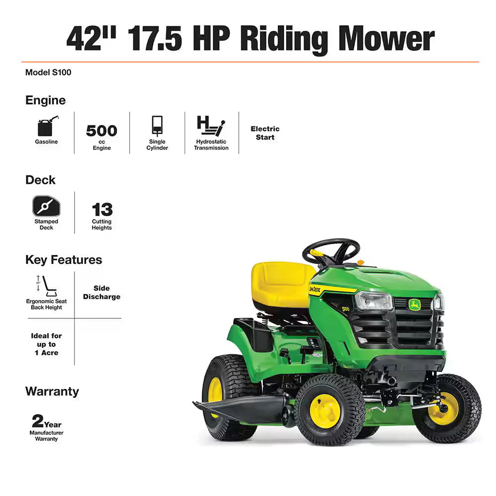 John Deere S100 42-in Riding Lawn Mower 17.5-HP Gas Hydrostatic Drive