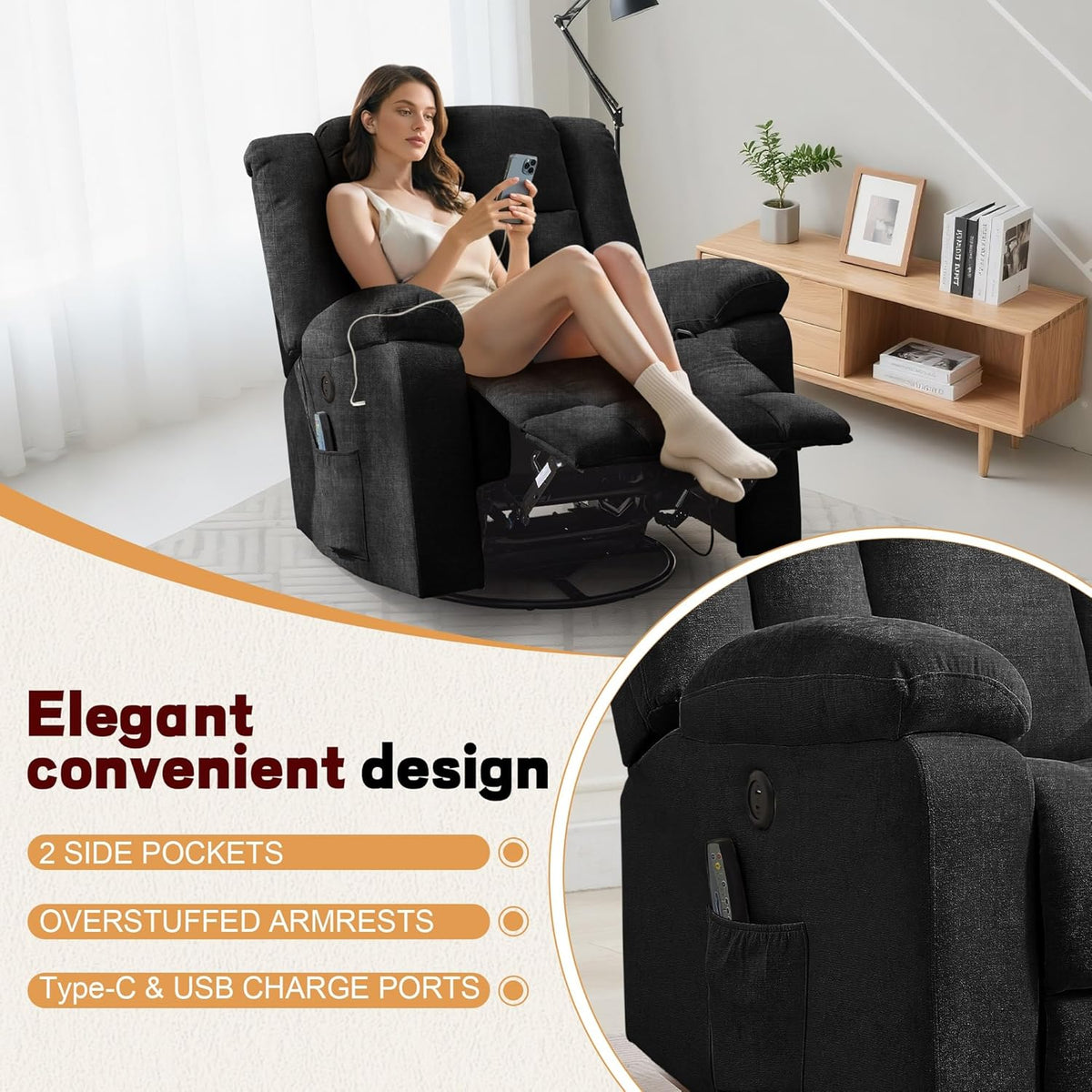 Rocker Recliner, Glider Recliner Chairs for Adults, 360° Swivel Rocking Chair with Massage and Heating, Nursery Chair with Storage and USB Charging for Living Room, Bedroom, Nursery