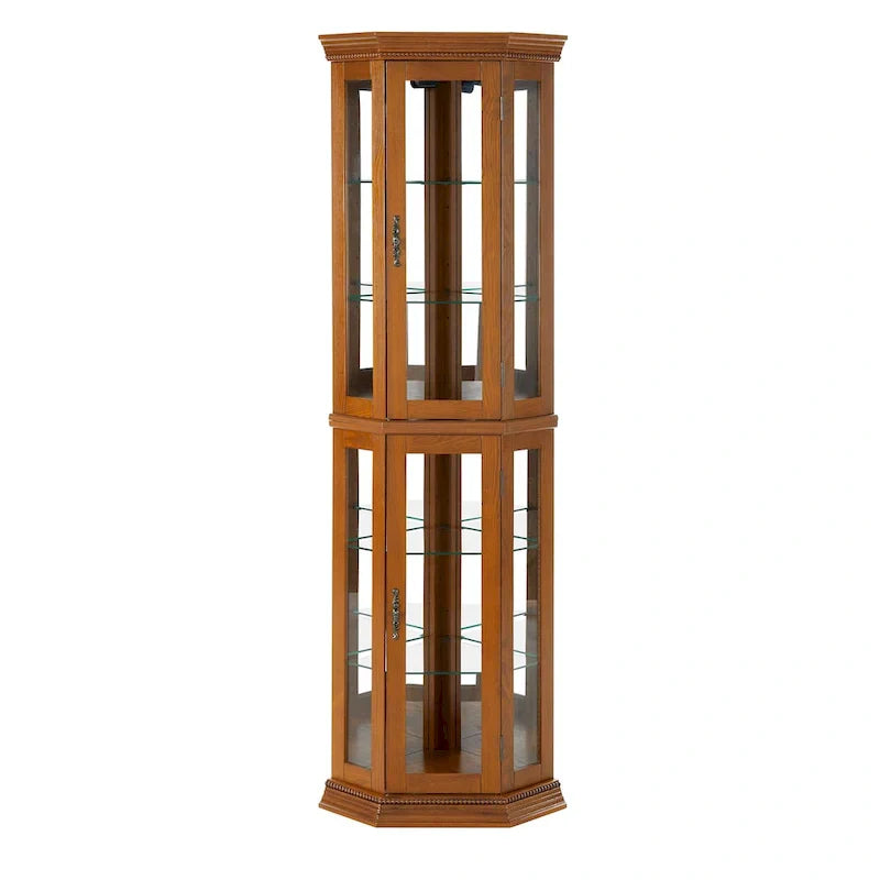 Corner Curio Cabinet with Lights, Adjustable Tempered Glass Shelves, Mirrored Back, Display Cabinet