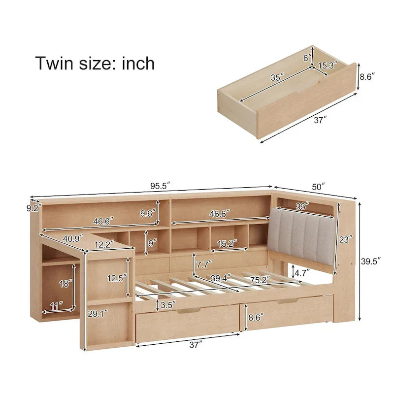 L-shaped Wooden Sofa Daybed with Desk, Bookcase Cabinet, Corner Bed with Under-bed Drawers, Upholstered Headboard Built-in Light