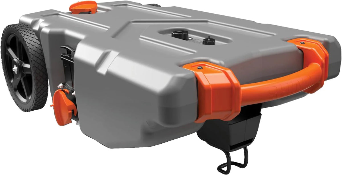 36-Gallon Portable Camper / RV Tote Tank - Features Large Heavy-Duty No-Flat Wheels & Built-In Gate Valve - Removable Steel Tow Adapter, 3 ?RV Sewer Hose & More RV Accessories (39006)