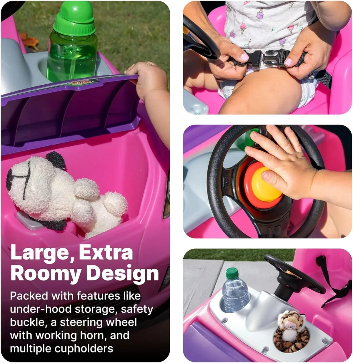 Step2 Whisper Ride II Ride On Push Toy Car Pink Ride On Car with Included Seat Belt Easy Storage