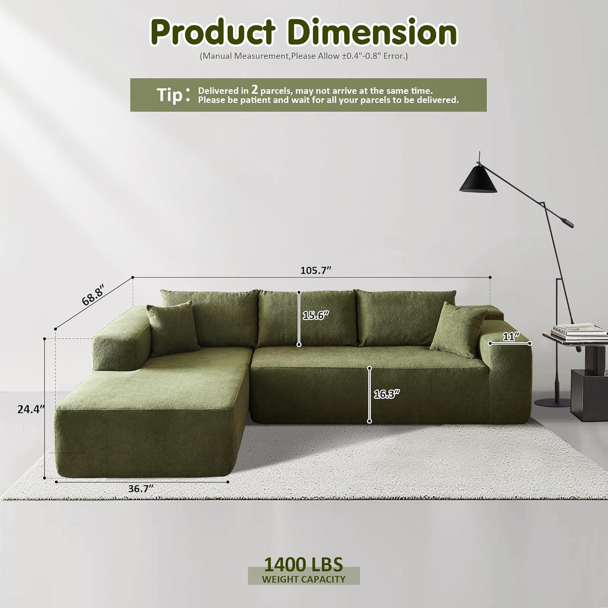 ovios 104" Cloud Sectional Couch with L-Shape Chaise,Modern Modular Sofa with Deep Seat, Upholstered Couches for Living Room Bedroom,No Assembly Required, Grey (Plush Corduroy Fabric)