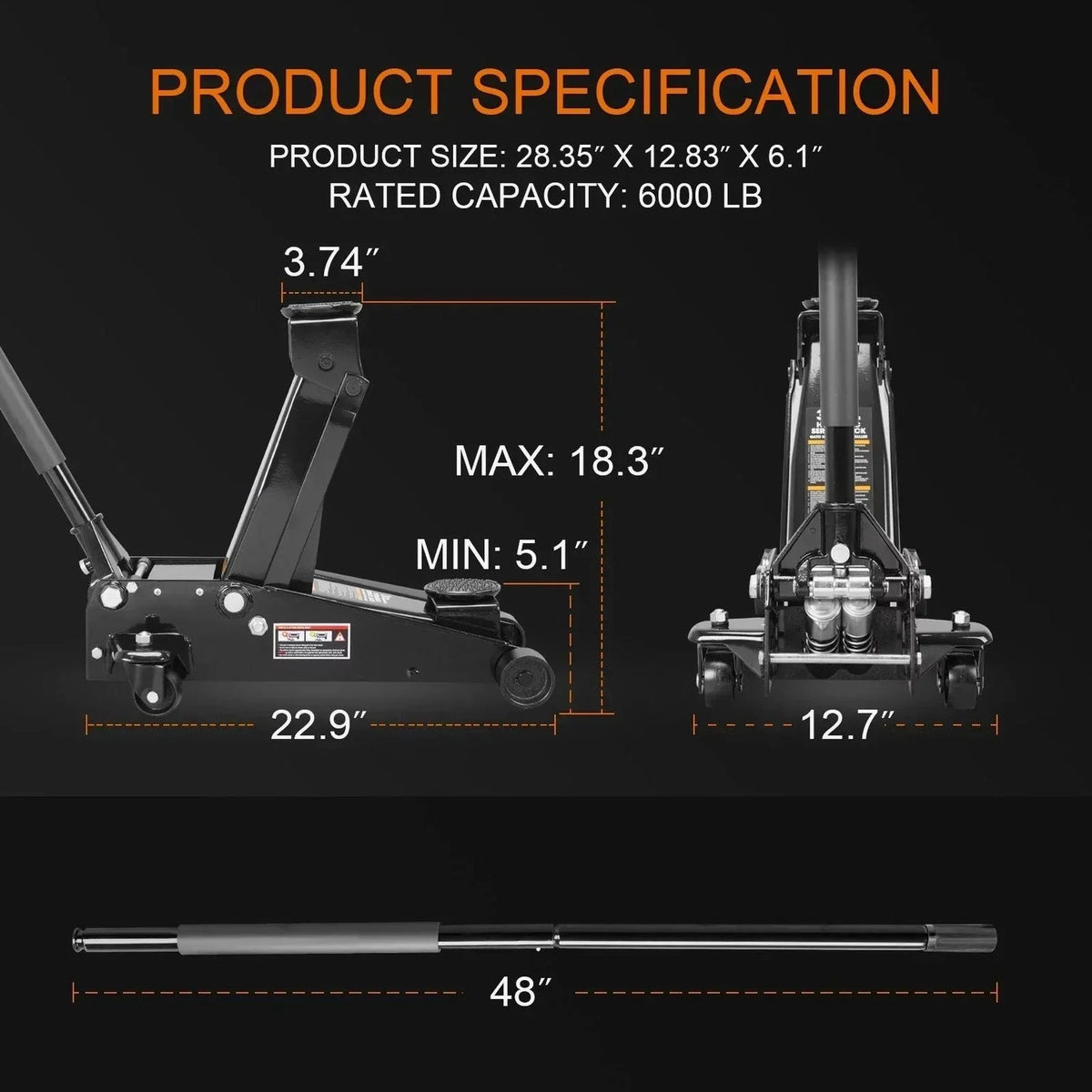 3 Ton Floor Jack Hydraulic Heavy Duty Steel Car Jack with Quick Lift Dual Pump,Black,W8303-B